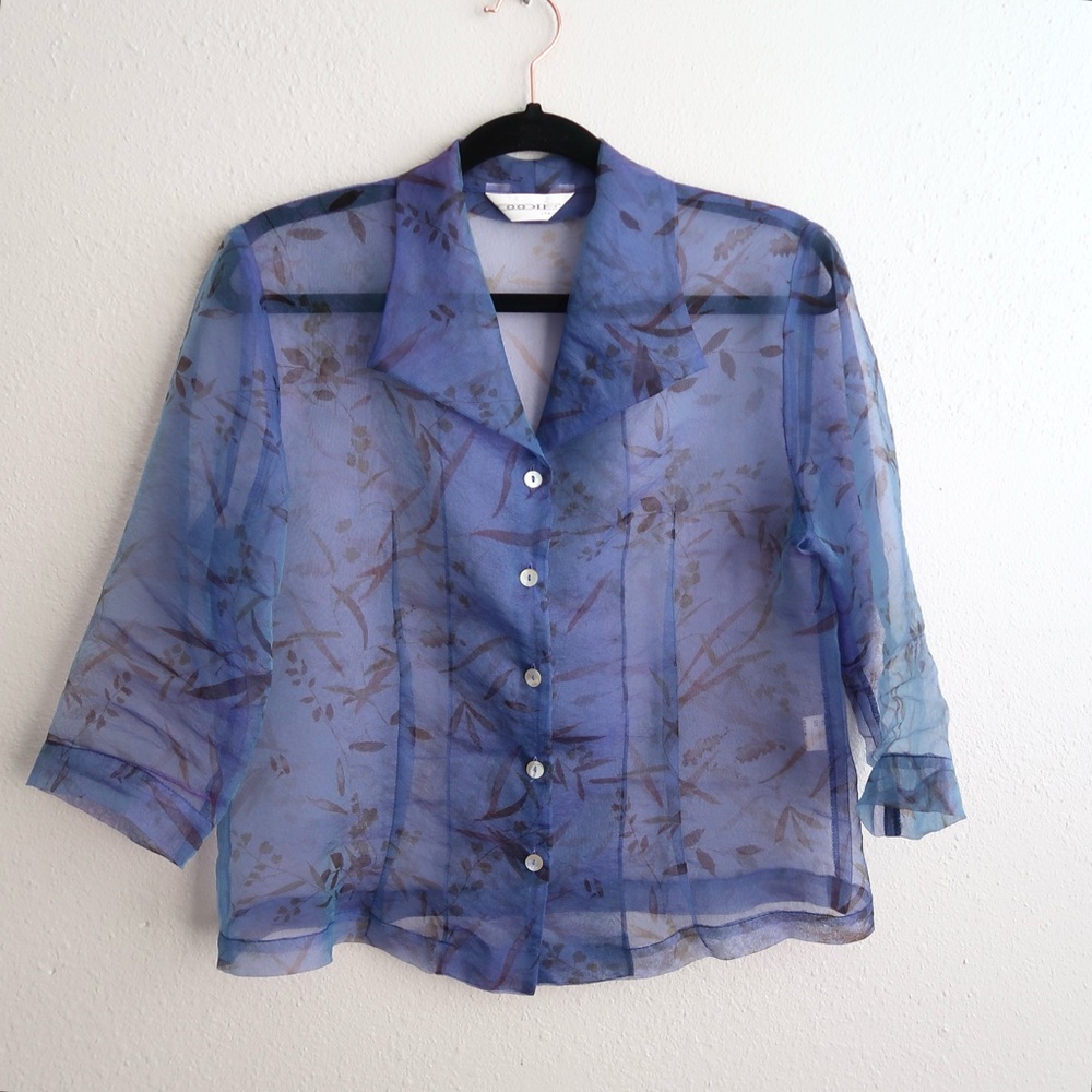 Vintage 90s Italian Chiffon Sheer Blue Purple Floral Organza 3/4 Sleeve Blouse